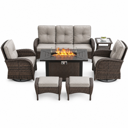7 Piece Outdoor Patio Furniture Set, Patio Furniture Set with Fire Pit Table Rattan Wicker Patio Furniture Set, Brown Wicker & Beige Cushion